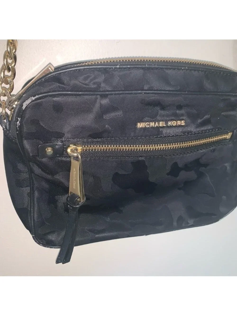 Michael Kors Black and Gold Camo Crossbody Bag